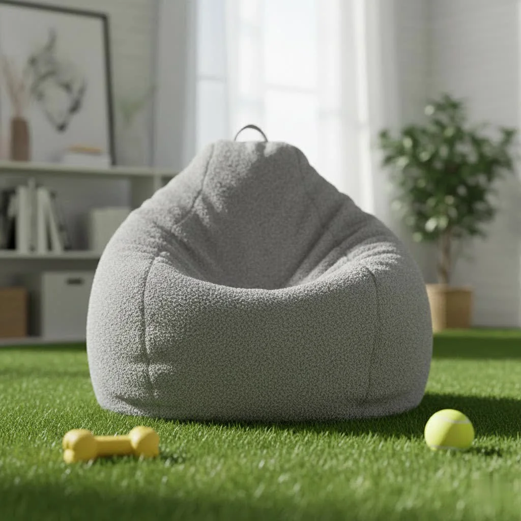 Comfortable grey bean bag chair in a modern living room