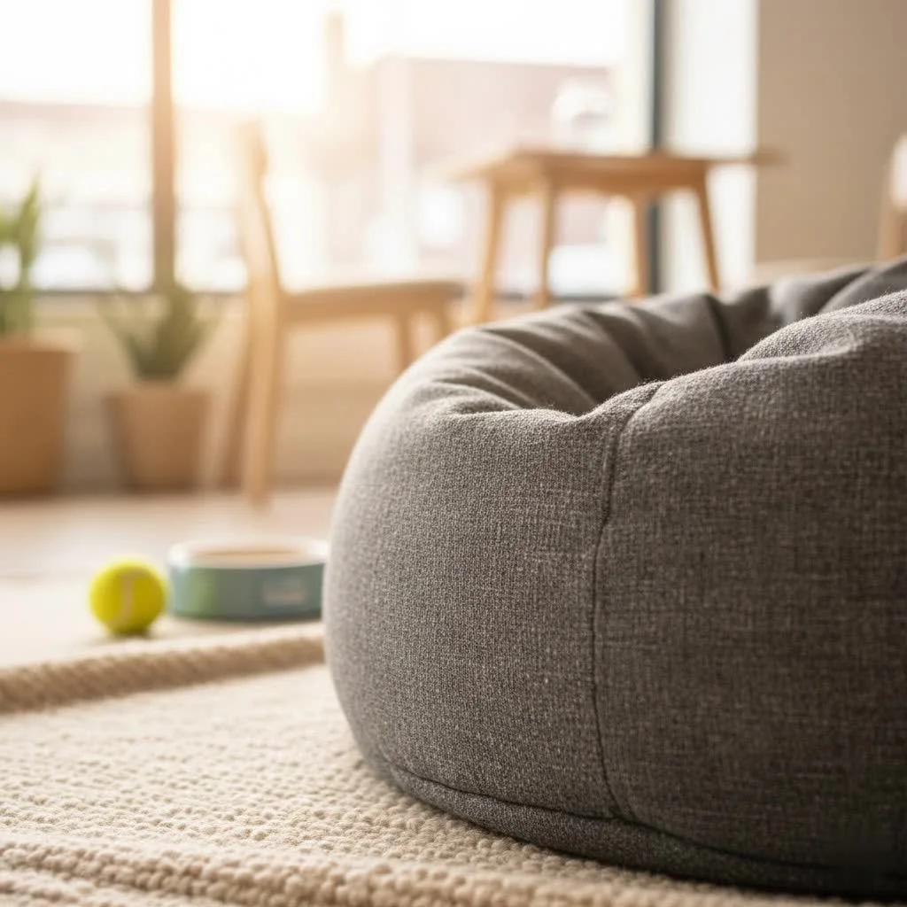 Plush bean bag chair in a modern living room