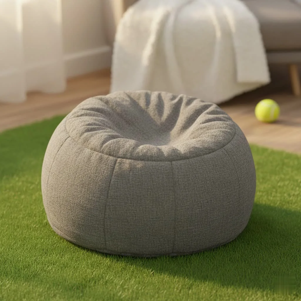 Person relaxing in a large bean bag chair
