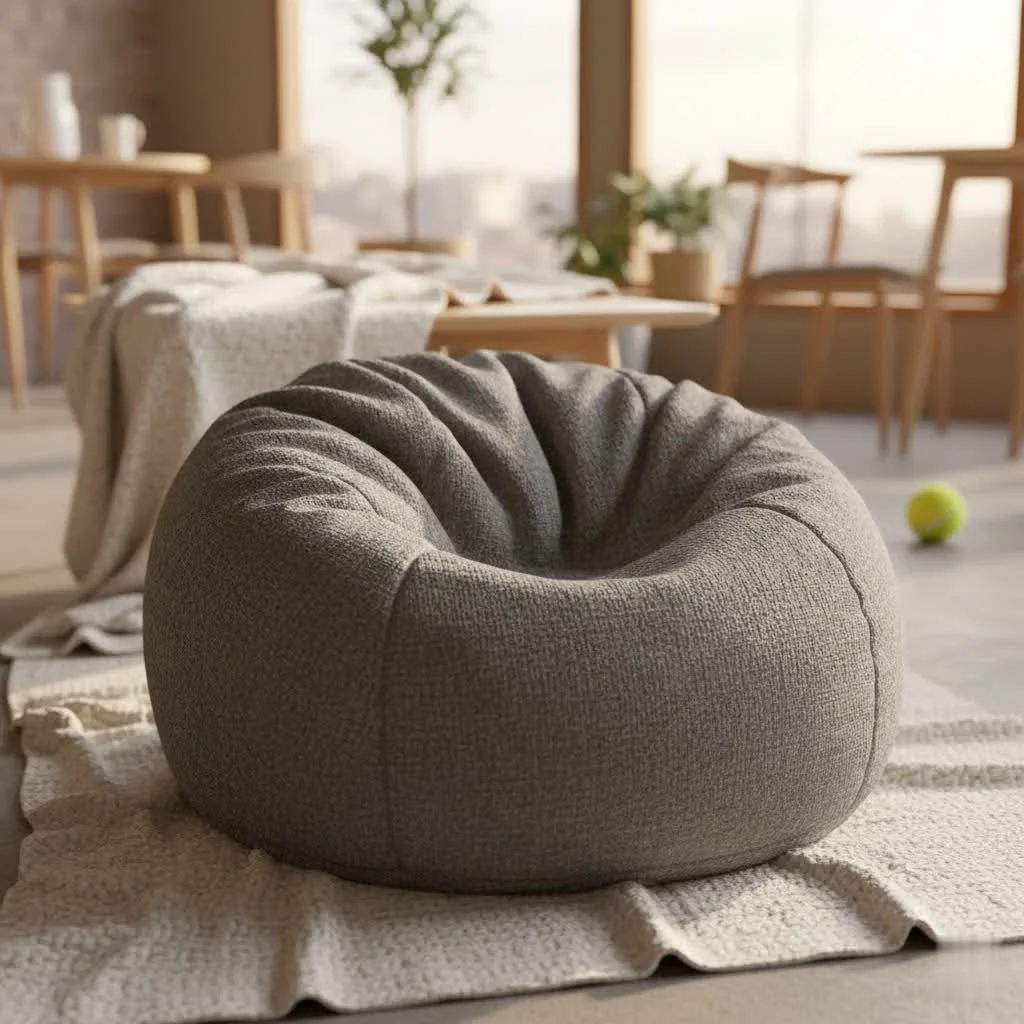 Child relaxing in a colorful bean bag chair